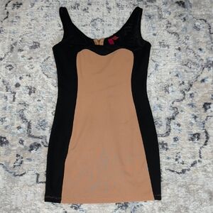 Pinkyotto Bodycon Dress Small Black Tan Colorblock Zip Front Stretch Mini